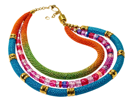 Elegant Beaded Necklace With Gold Details Draped in Natural Curve, Side-Angled Perspective, Isolated