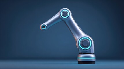 Obraz premium Futuristic robotic arm with glowing accents against a dark blue background, showcasing advanced technology and precision engineering for innovative industrial applications.