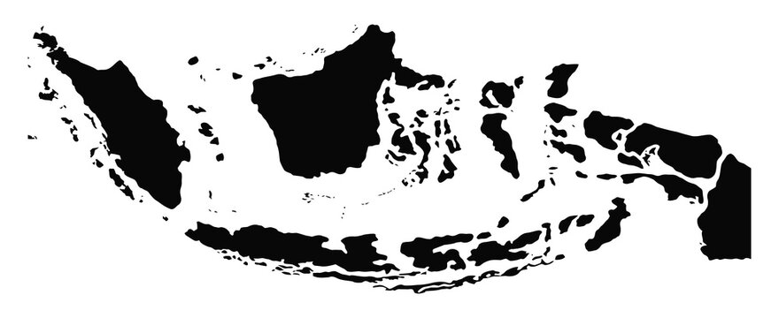 black and white silhouette map of indonesia outlining the archipelago nation’s islands, ideal for educational geography materials, travel designs, cultural infographics, and detailed cartographic illu