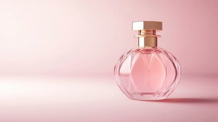 Elegant pink perfume bottle with a square stopper on a light pink background