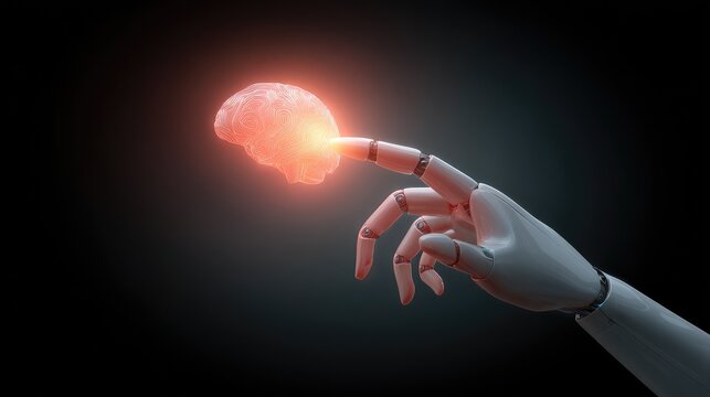 Futuristic Robot Hand Reaching Towards Glowing Brain Symbolizing Artificial Intelligence and Human-Machine Collaboration in Digital Technology