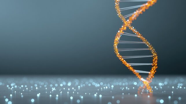 Beautiful representation of a DNA double helix structure with glowing orange strands, surrounded by sparkling particles, symbolizing genetics and biotechnology advancements.