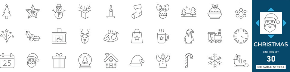 Christmas icon set featuring holiday, winter, santa, gift, snow, tree, bell, and celebration symbols. Editable line vector illustration for festive, seasonal, and decoration design.