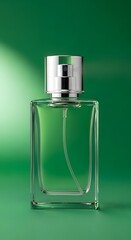 A clear glass perfume bottle with a silver spray cap is set against a vibrant green background, highlighting its sleek and modern design
