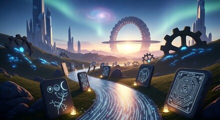 Surreal landscape of futuristic cityscape with arc and celestial phenomena