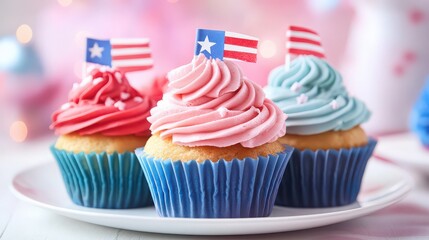 Colorful cupcakes with american flags and pastel frosting for a patriotic celebration
