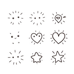 Set of cute line doodle comic design elements. Movement and motion expression, magic and light effect, heart, star shape sketch. Childish handwriting scribbles. Japanese style drawing