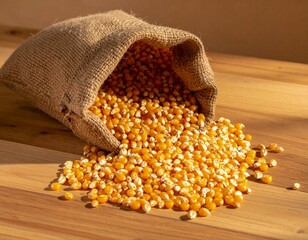 Yellow corn grains overflowing from a textured sack on wood, highlighting agricultural produce in warm tones.