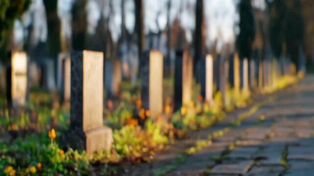 Cemetery gravestone monuments in natural sunlight spiritual remembrance