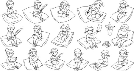 Collection of cute cartoon children in Santa hats, sitting comfortably on pillows, engaged in writing and reading Christmas letters and wishes. Black and white outline illustration set.
