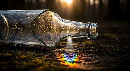 A glass bottle lying on the ground with sunlight shining through, creating colorful reflections and sparkles on a natural surface during sunset or sunrise
