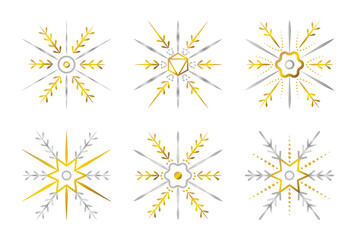 Festive gold and silver snowflake set, shiny gradient golden and chrome snow flake collection, winter glossy vector cliparts