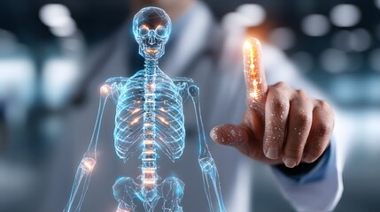 Medical Professional Interacting with 3D Hologram Skeleton Model