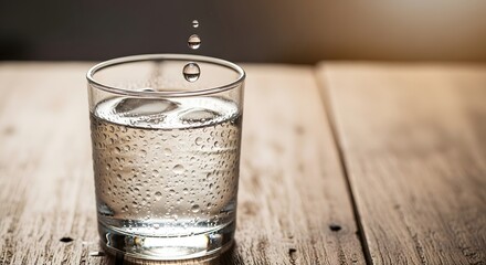 A clear glass of water with droplets on the outside placed on a wooden surface with a warm background