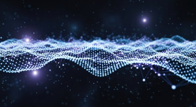 Digital wave with interconnected points in a dark space, data visualization - Powered by Adobe