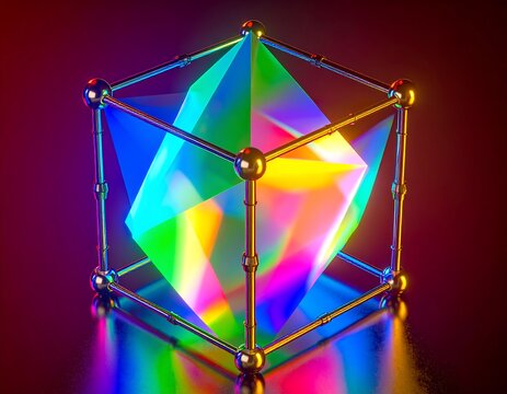 A geometric structure frames a multi-colored prism refracting light. Metallic accents shine brightly