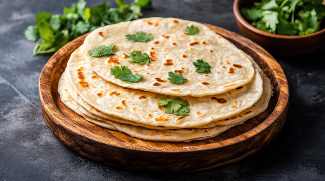 Soft warm homemade flatbread garnished with cilantro on wooden board, inviting and golden