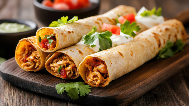 Shredded chicken taquitos with sour cream and cilantro on wooden board, savory snack