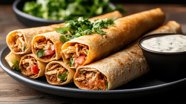 Crispy rolled taquito with shredded chicken, tomato and cilantro served with creamy dipping sauce