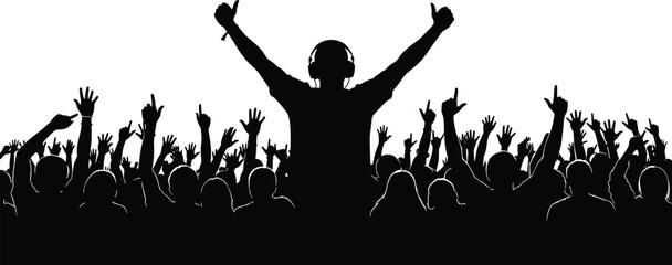 Concert silhouette, DJ performance, crowd energy, raised hands, music event, black white, live show, audience excitement, entertainment vibe, party scene