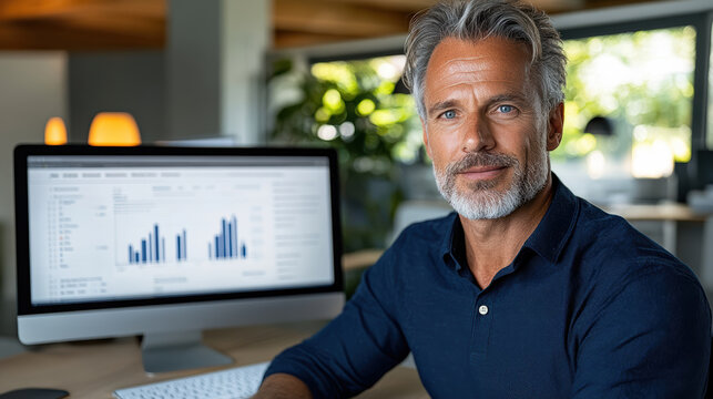 Mature businessman reviewing analytics dashboard with calm confidence