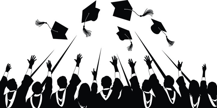 Graduation silhouette, celebrating students, cap toss, academic success, black white, education milestone, graduate joy, ceremony moment, achievement scene, student unity