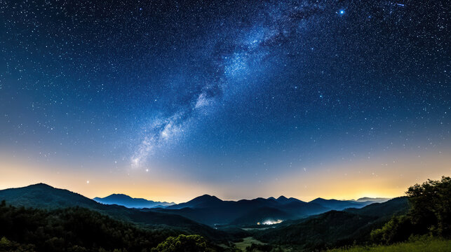 Milky way night sky over mountain valley with distant lights and stars