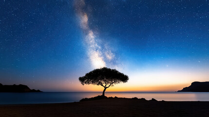 Lonely tree silhouette beneath Milky Way over calm sea at twilight, serene and cinematic