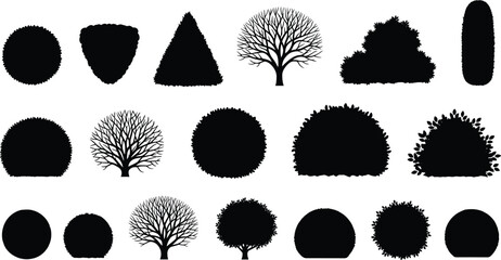 Tree bush silhouettes, foliage shapes, plant forms, black white, nature design, landscape reference, botanical texture, garden elements, tree variety, silhouette grid