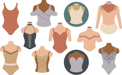 Fototapeta premium Assorted Leotards and Bodysuits on Mannequins Showcase Various Styles and Designs for Dancewear Apparel