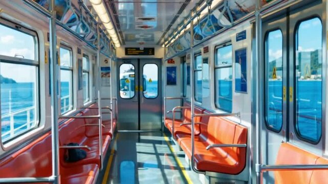 バカンス旅行海辺を走る電車の車内動画