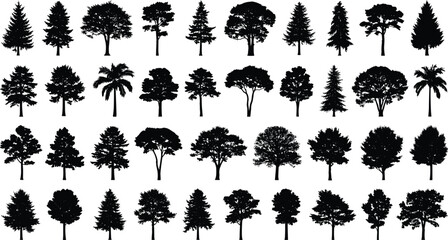 Tree silhouettes, foliage variety, botanical shapes, forest forms, tree grid, nature design, landscape reference, black white trees, tree comparison, artistic trees