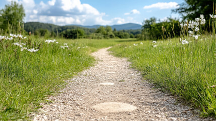 Obraz premium Soft gravel trail with wildflower border leading toward distant hills, peaceful summer mood