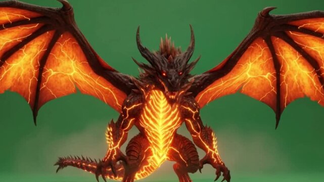 A powerful fantasy creature, a dragon, stands tall against a green screen. The dragon's scales appear like molten rock, glowing with fiery energy. The wings are outstretched, showcasing their jagged e