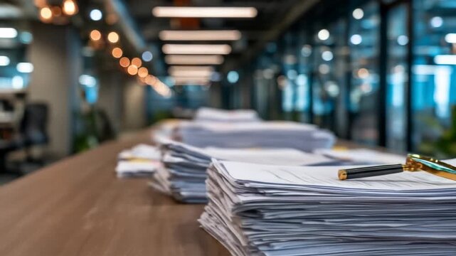 Document review with magnifying glass on paper stack in office setting