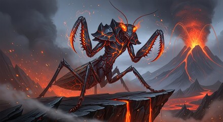 Armored Mantis Warrior on Volcanic Peak - A Fantasy Illustration.