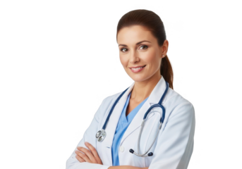 Smiling female doctor wearing white coat and stethoscope isolated on transparent background