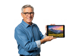 Smiling older man in blue shirt holding tablet with landscape painting isolated on transparent background