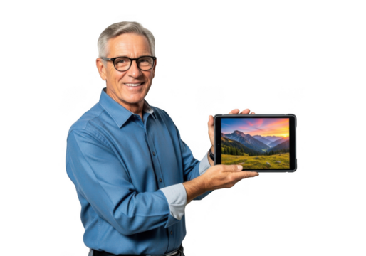 Smiling older man in blue shirt holding tablet with landscape painting isolated on transparent background
