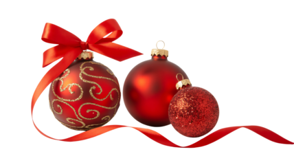 Festive red Christmas ornaments with gold swirls and ribbon detail