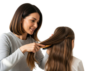 Mother gently brushing her daughter s long brown hair isolated on transparent background