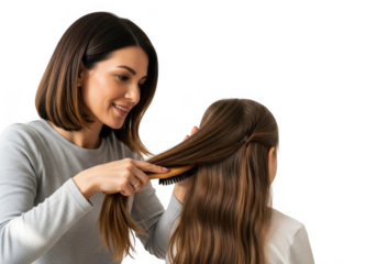 Mother gently brushing her daughter s long brown hair isolated on transparent background