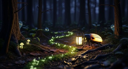 Enchanted Forest Path - Beetle with Lantern Guiding the Way.