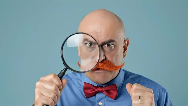 Funny Bald Man with Fake Moustache and Magnifying Glass making funny faces on blue background