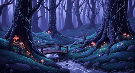 Enchanted Forest Stream - A Mystical Nighttime Landscape.
