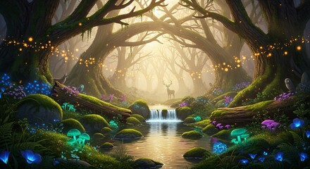 Enchanted Forest Stream with Glowing Flora and Distant Deer.