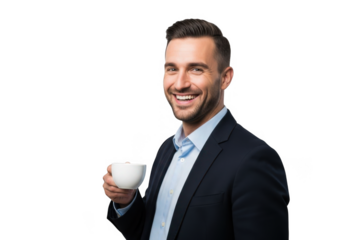 Smiling businessman in a suit holding a cup of coffee isolated on transparent background