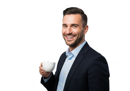 Smiling businessman in a suit holding a cup of coffee isolated on transparent background - Powered by Adobe