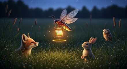 Enchanted Night - Fox, Rabbit, Owl, and Moth with Lantern.
