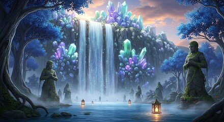 Enchanted Waterfall Sanctuary with Crystal Formations and Stone Guardians.